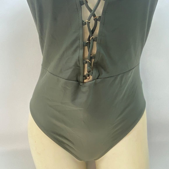Forever 21 Womens One Piece Swim Suit Medium Forest Green Lace Front Back Zipper - Picture 3 of 16